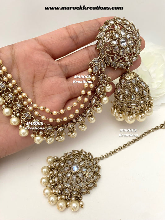 Nahida Antique Gold Polki Jhumki Earrings and tikka set/Jhumki with attached Saharey/Ear chains