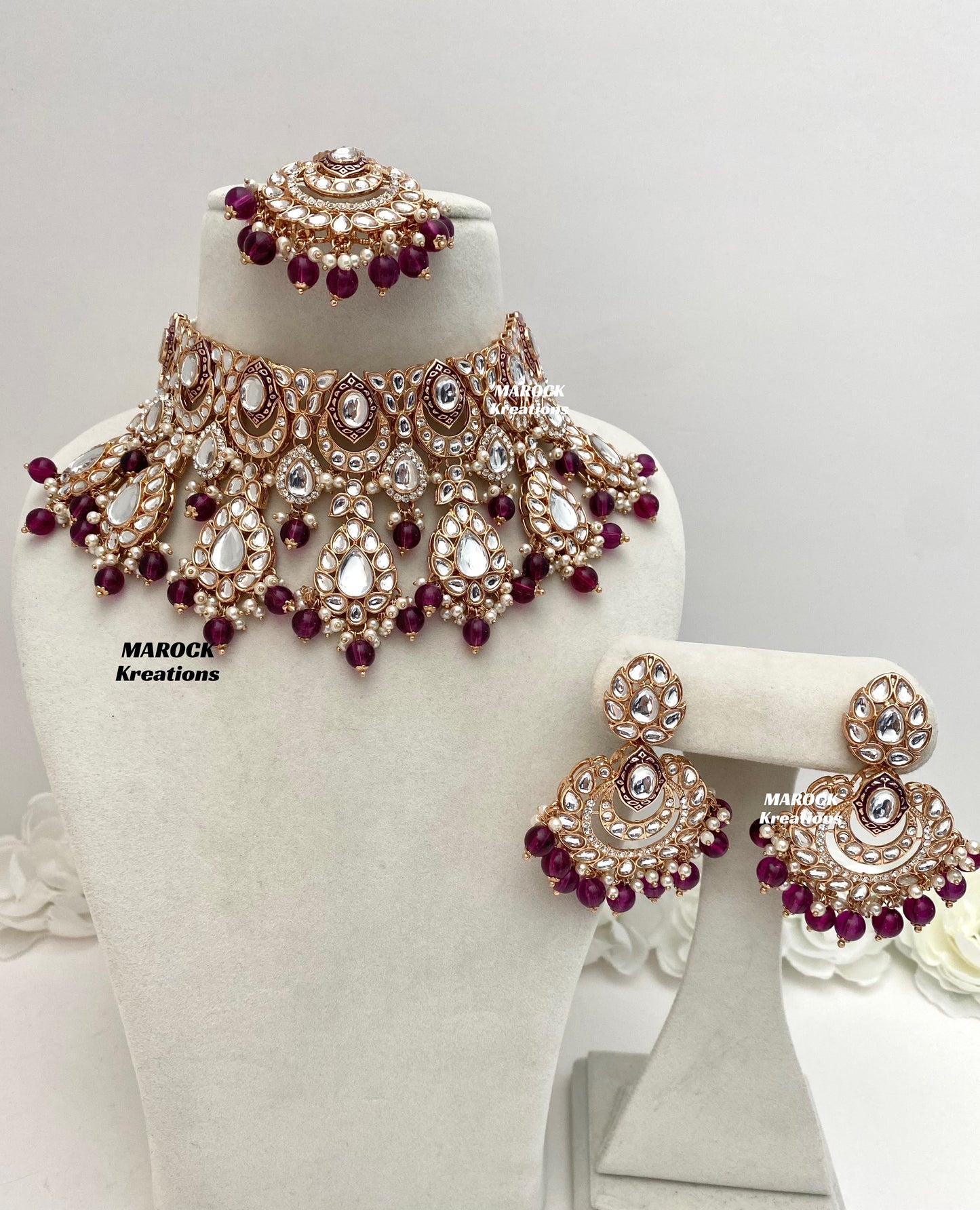 Kaniz Premium Quality Rose Gold Kundan Meenakari Choker/Necklace set