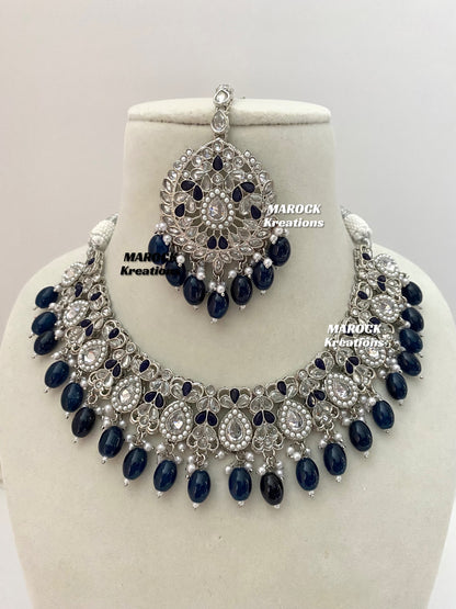 Silver/Navy Blue Polki Necklace set