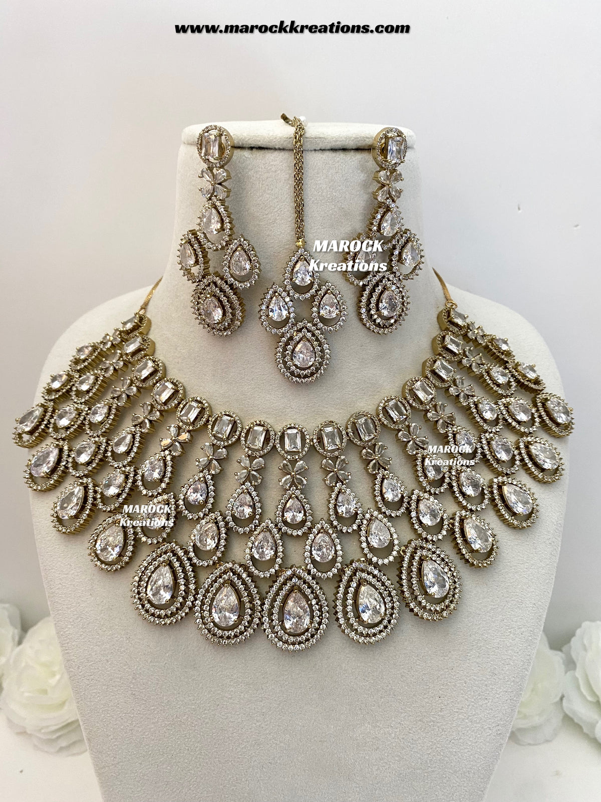 Tushita Antique Gold American Diamond Statement Necklace set/Bridal set