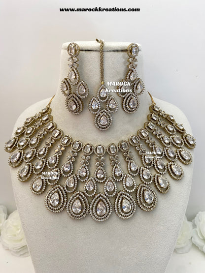 Tushita Antique Gold American Diamond Statement Necklace set/Bridal set