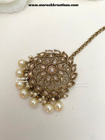 Nahida Antique Gold Polki Jhumki Earrings and tikka set/Jhumki with attached Saharey/Ear chains