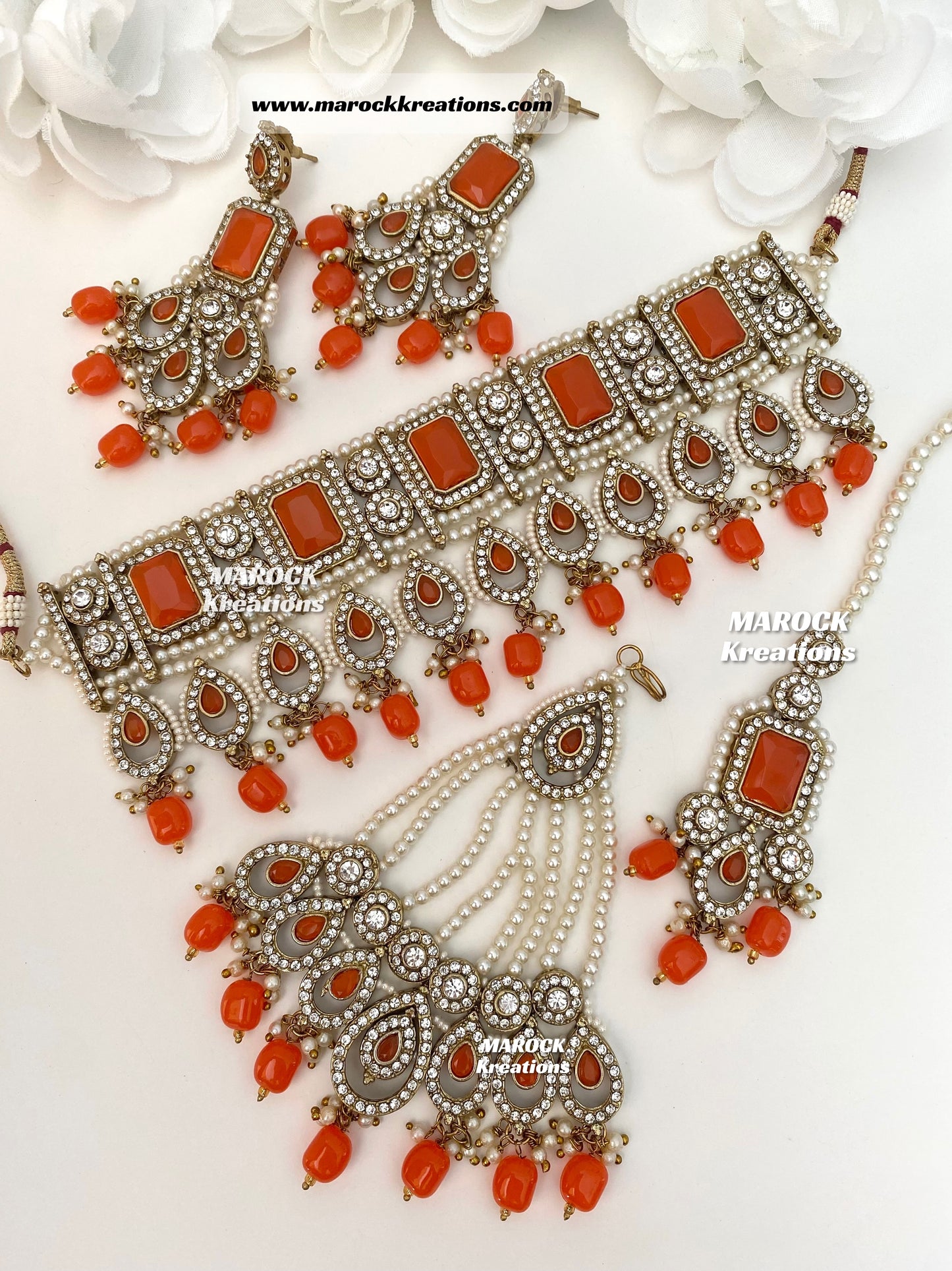 Zainab Antique Gold base with white stones Pakistani Choker set