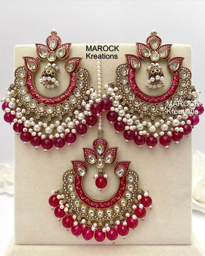 Premium Quality Kundan Meenakari Earrings and tikka set