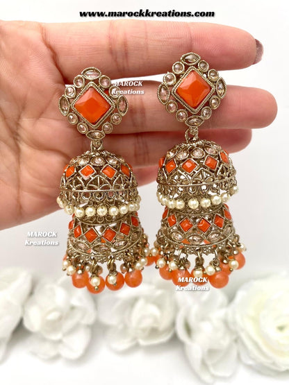Rehana Antique Gold Polki double jhumki Statement Earrings