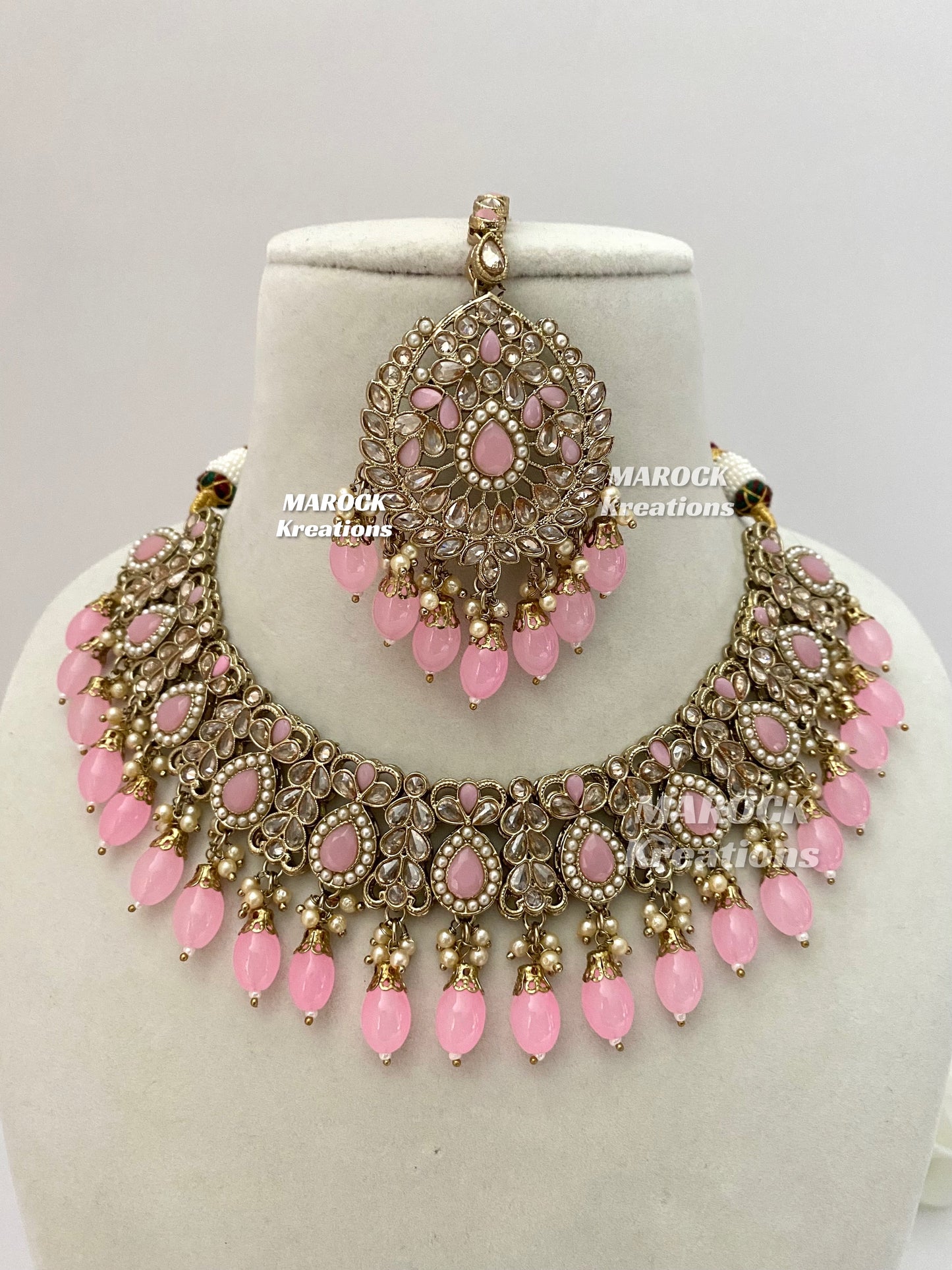 Antique Gold/Pink Polki Necklace set