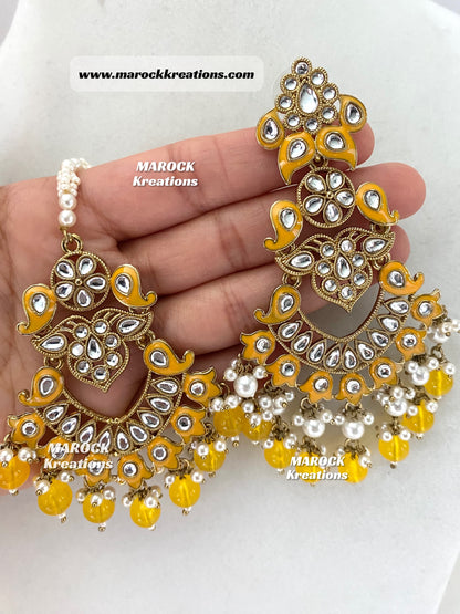 Premium Quality Kundan Meenakari Statement Earrings and tikka set