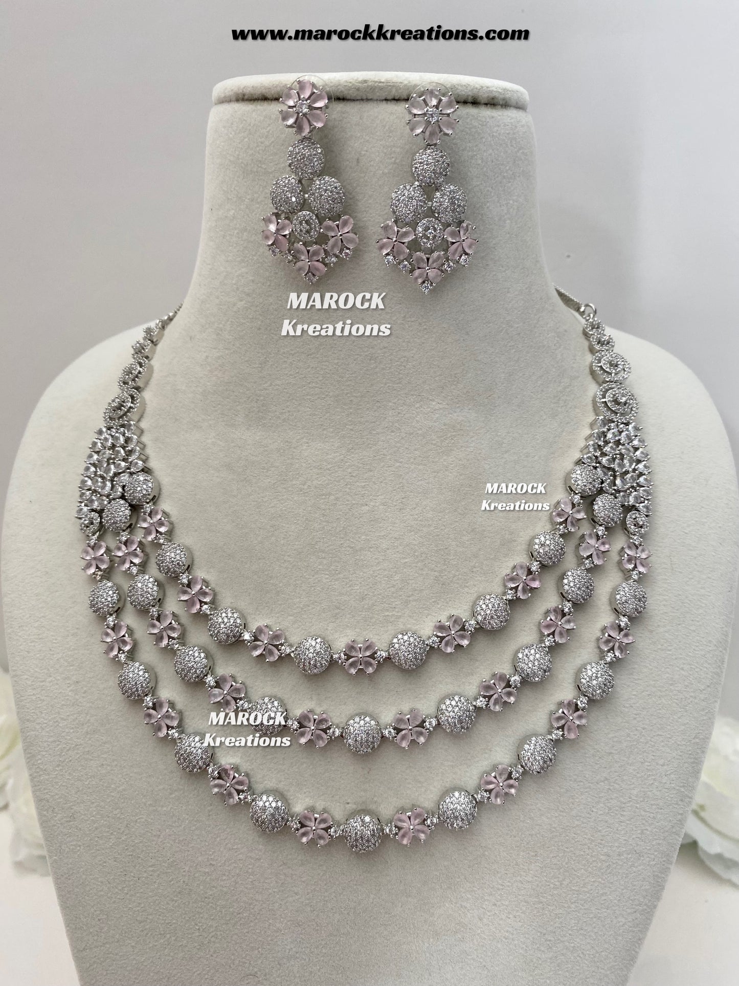 Kristin Silver American Diamond triple layer Necklace set