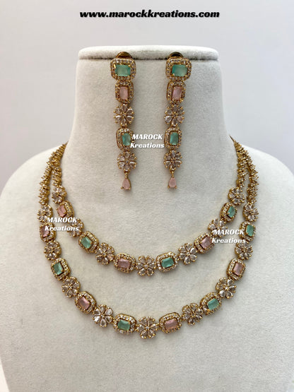 Sineka Antique Gold American Diamond double layer Statement Necklace set