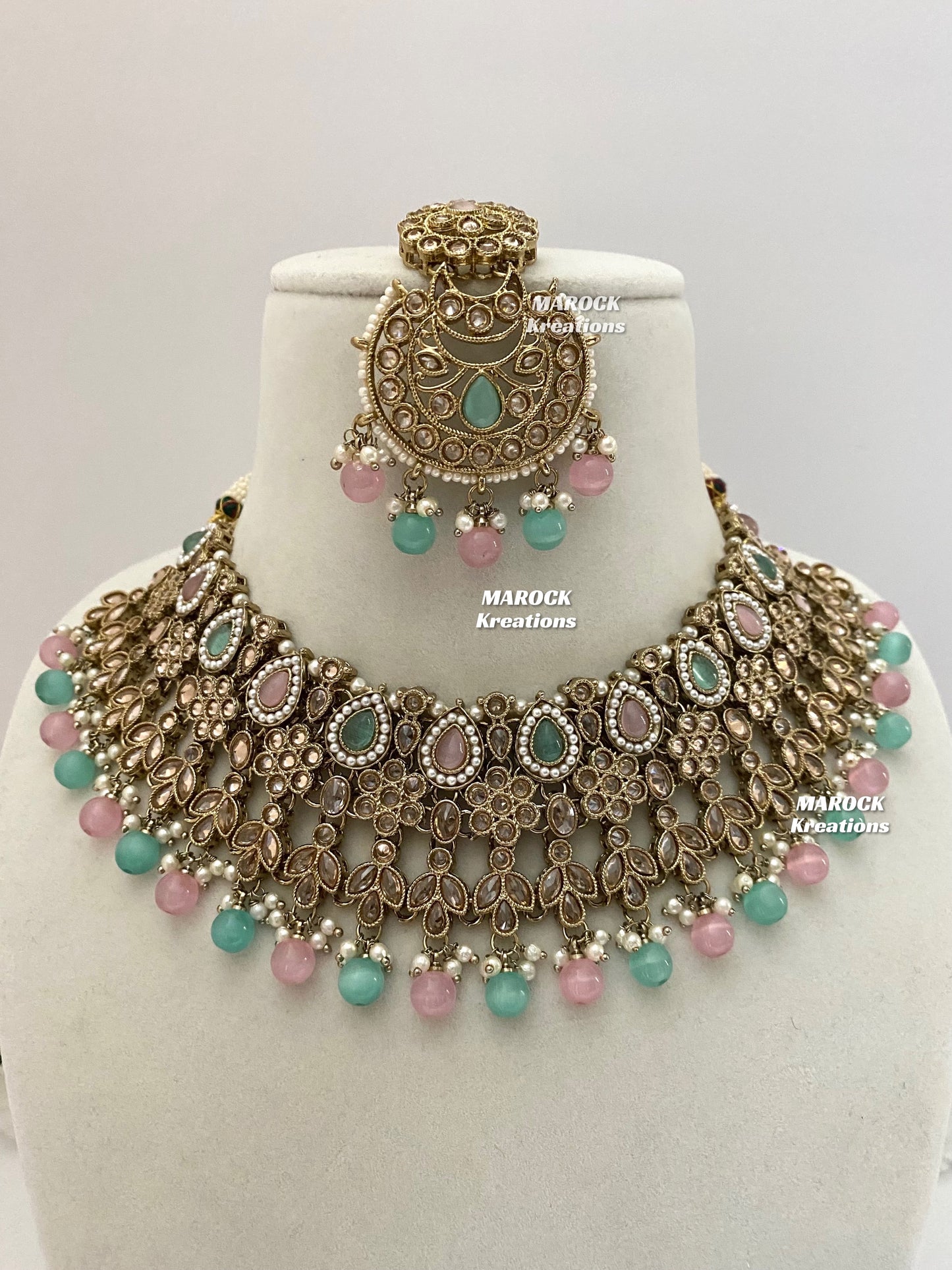 Antique Gold Pink/Mint Polki Choker set