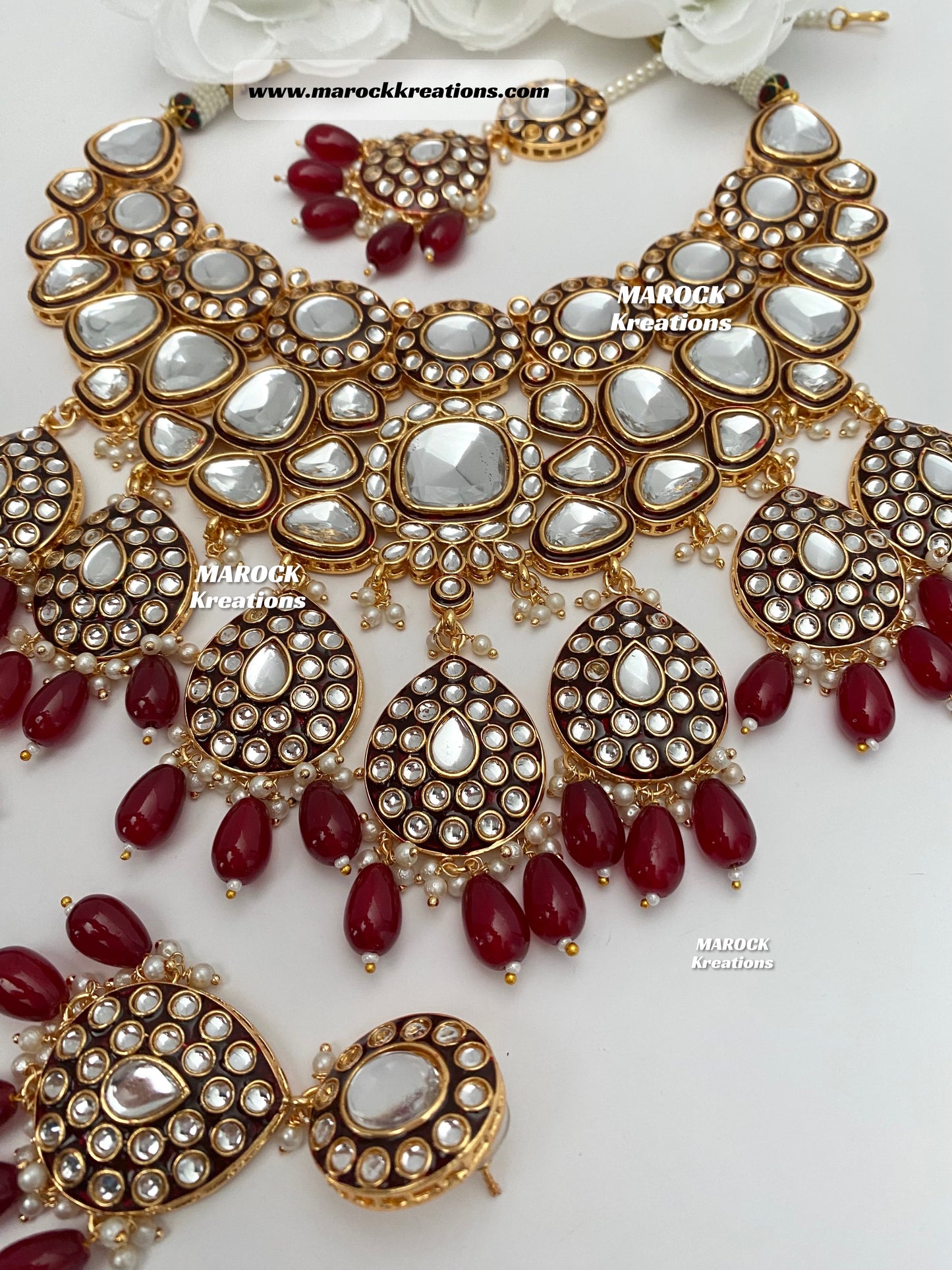 Trendy Uncut Kundan Maroon Statement Necklace set/Bridal set