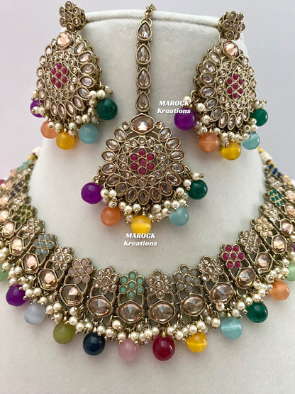 Antique Gold Polki Multi color Necklace set