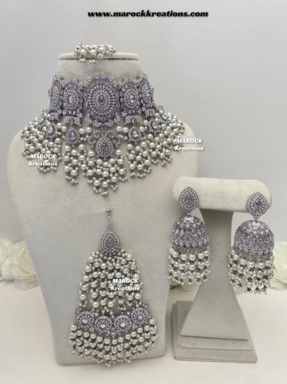 Nazmun Silver Pakistani Polki choker/necklace set with Passa