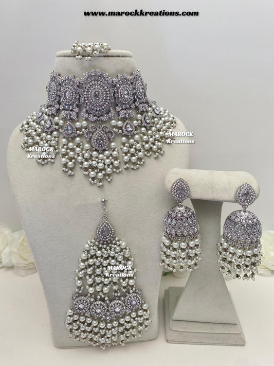 Nazmun Silver Pakistani Polki choker/necklace set with Passa