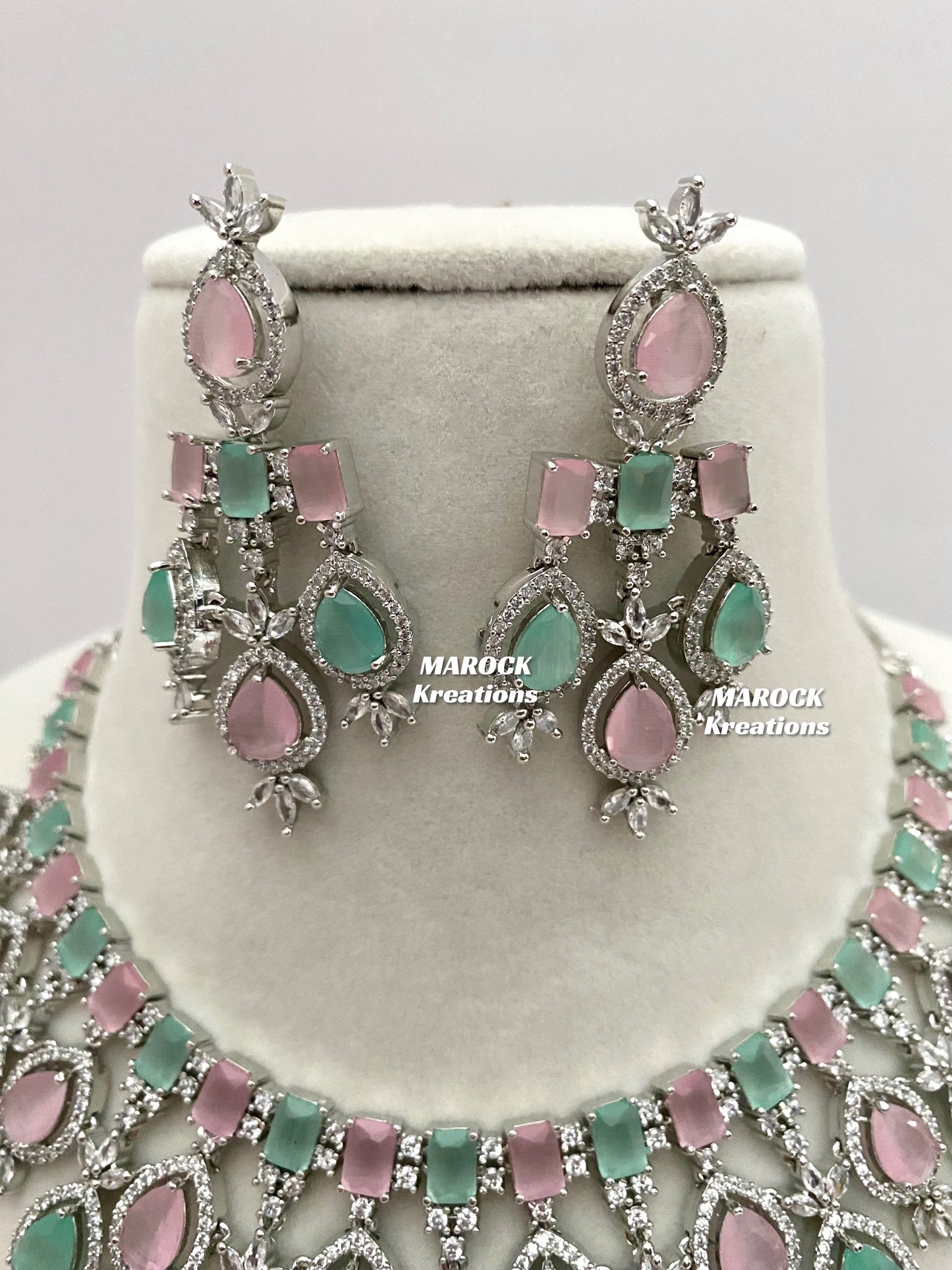 American Diamond pink/mint Necklace set