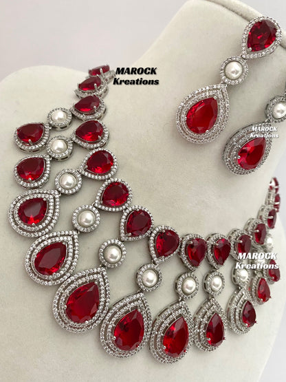 American Diamond Silver/Red Necklace set