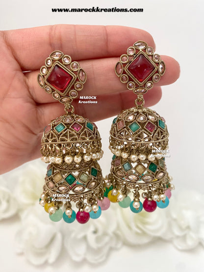 Rehana Antique Gold Polki double jhumki Statement Earrings