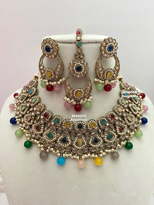 Antique Gold Polki Multi color Necklace set