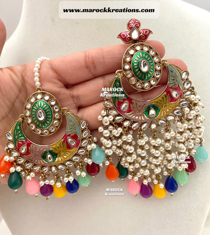 Ishika Premium Quality Kundan Meenakari Oversized Statement Earrings and tikka set