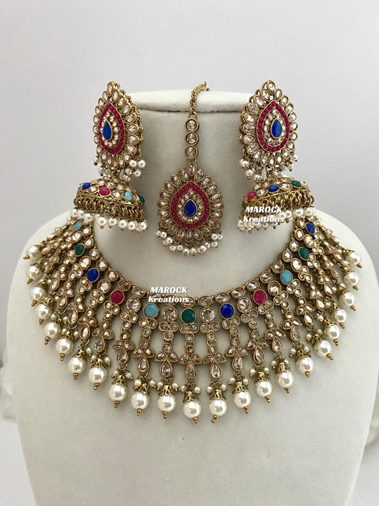 Antique Gold Polki Multi color Necklace set