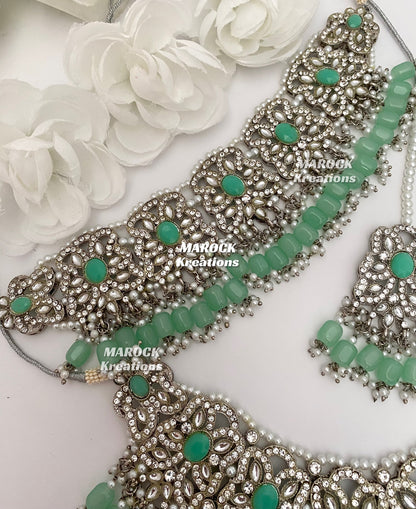 Silver/Mint Pakistani choker and necklace combo set/Pakistani Bridal set