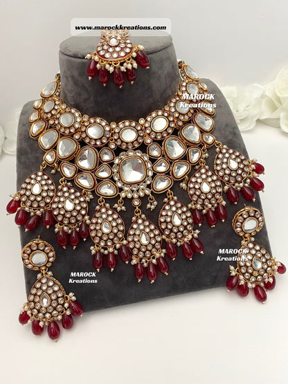 Trendy Uncut Kundan Maroon Statement Necklace set/Bridal set