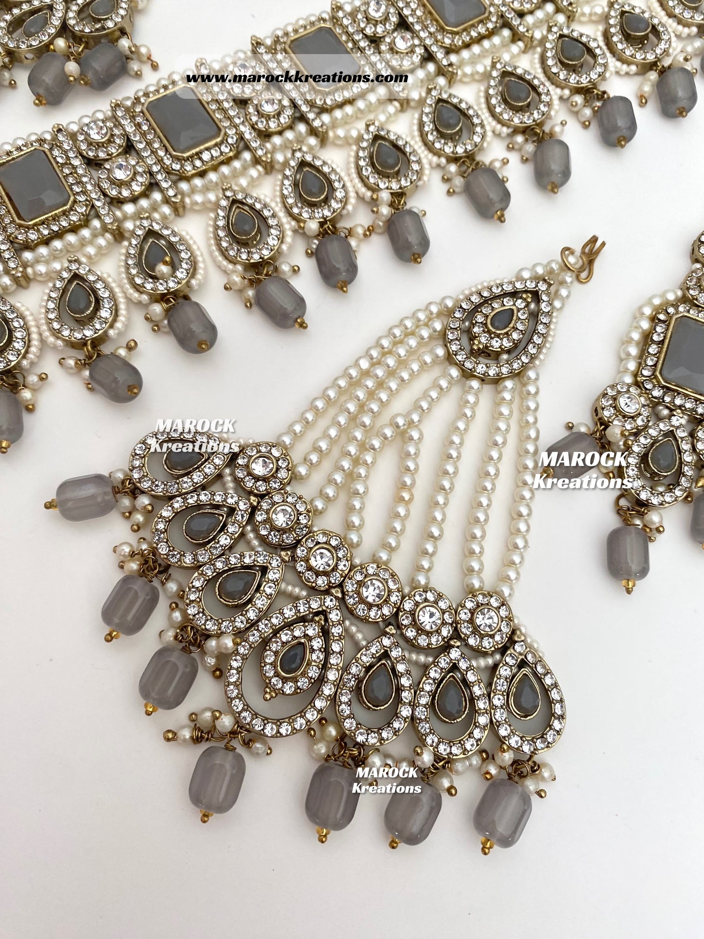 Zainab Antique Gold base with white stones Pakistani Choker set