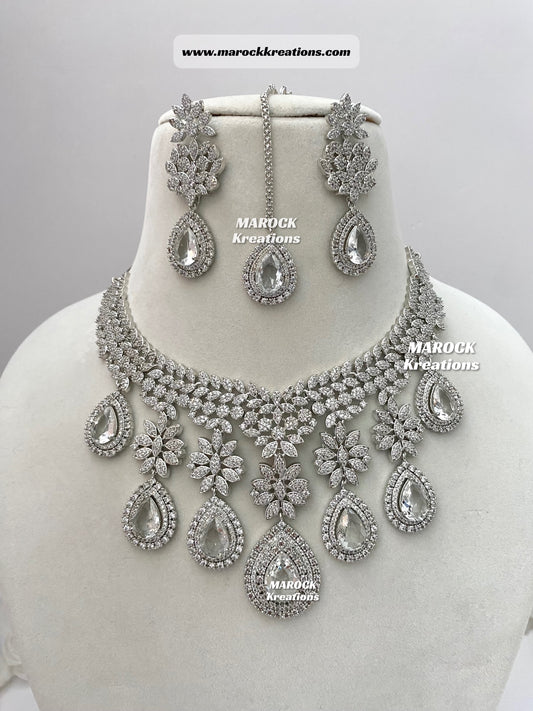 Silver American Diamond Statement Necklace set