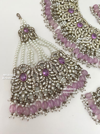 Silver/Lavender Pakistani choker and necklace combo set/Pakistani Bridal set