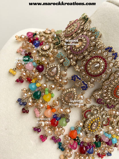 Nazmun Antique Gold Pakistani Polki  choker/necklace set with Passa