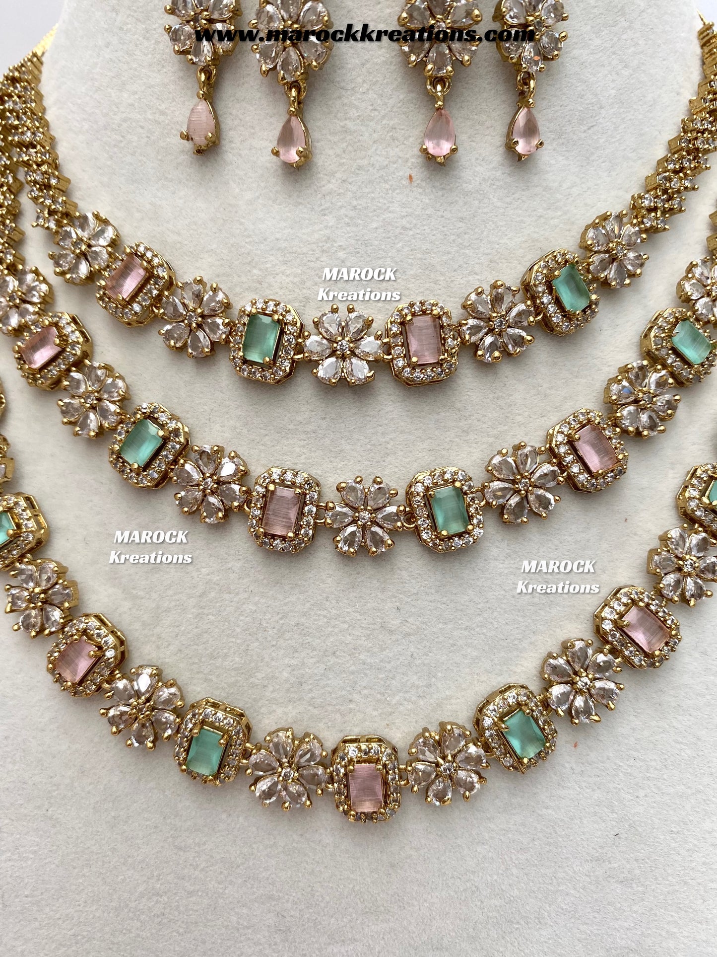 Arvin Antique Gold American Diamond triple layer Statement Necklace set