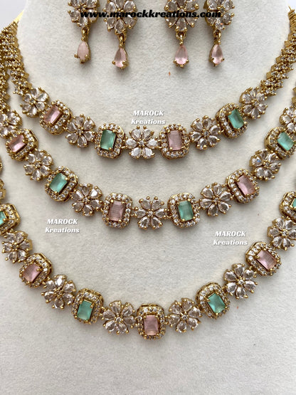 Arvin Antique Gold American Diamond triple layer Statement Necklace set