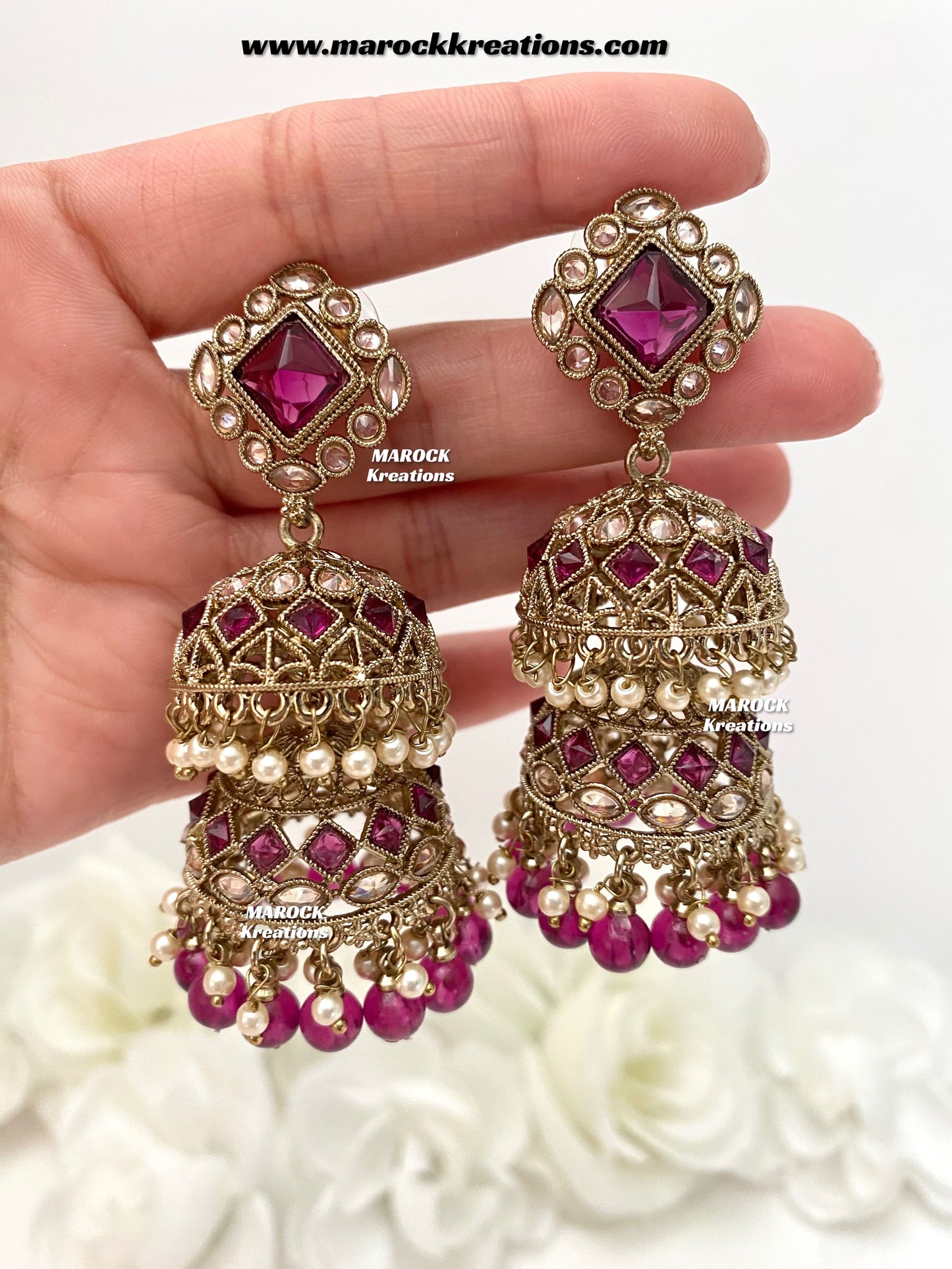 Rehana Antique Gold Polki double jhumki Statement Earrings