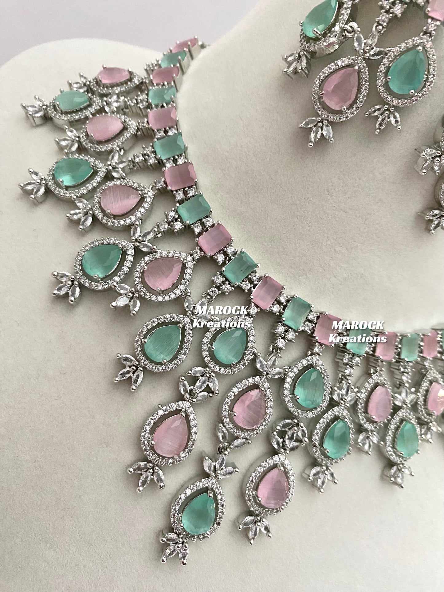 American Diamond pink/mint Necklace set