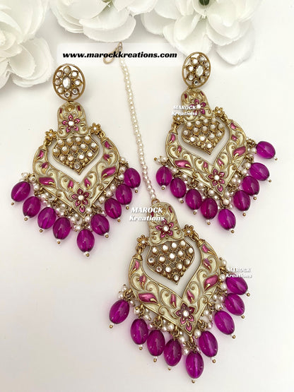 Premium Quality Kundan Meenakari Earrings and tikka set