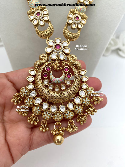 Nella Premium Quality Gold plated Kundan Meenakari exclusive long Necklace set/Rani haar set