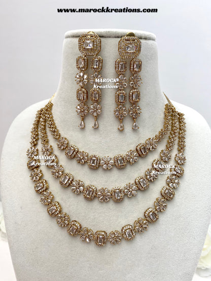 Arvin Antique Gold American Diamond triple layer Statement Necklace set