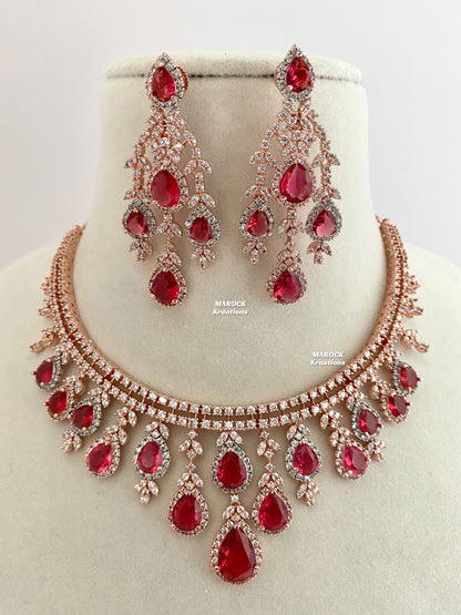 Rose Gold/Red American Diamond Necklace set