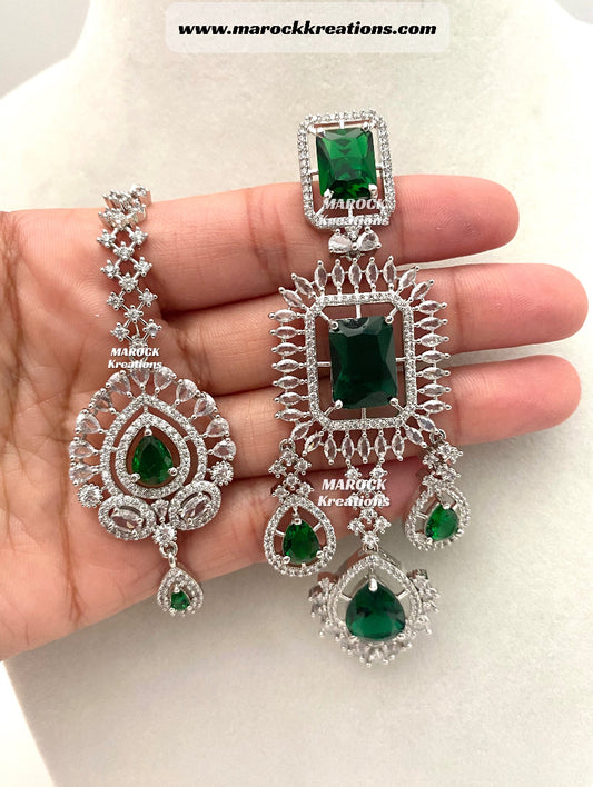 Silver Green American Diamond Earrings and tikka set