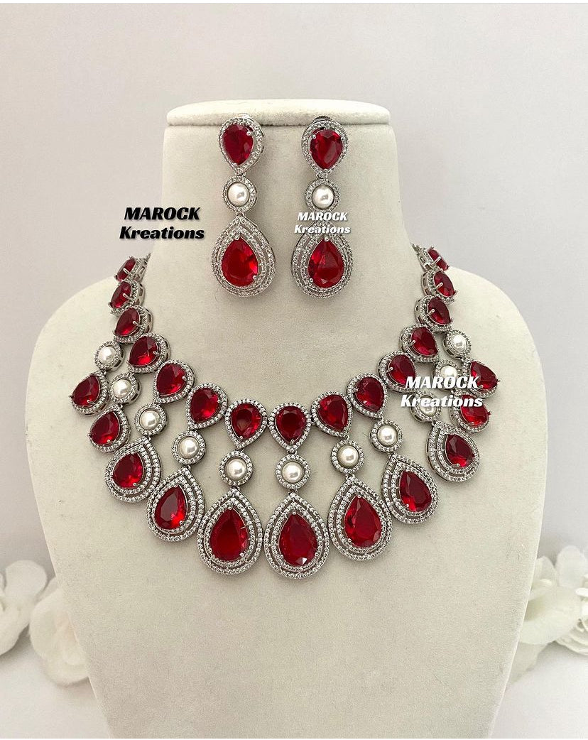 American Diamond Silver/Red Necklace set