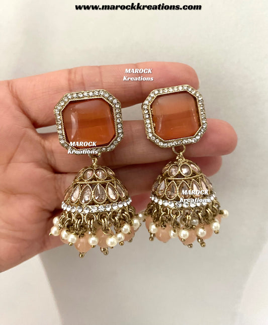 Premium Quality Antique Gold Polki and Monalisa stone Jhumki Earrings
