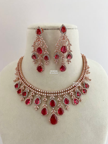 Rose Gold/Red American Diamond Necklace set