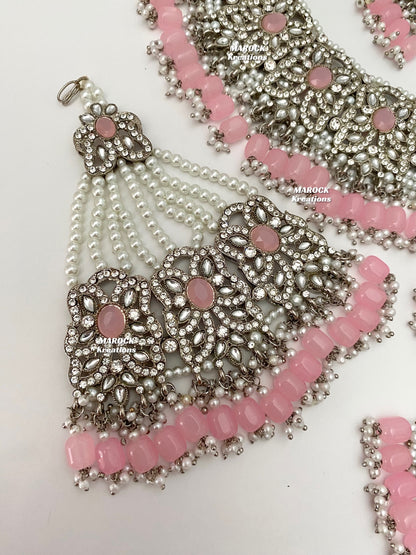 Silver/Pink Pakistani choker and necklace combo set/Pakistani Bridal set