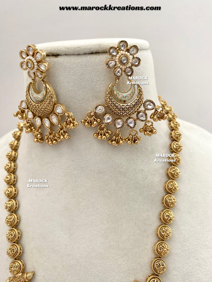 Nella Premium Quality Gold plated Kundan Meenakari exclusive long Necklace set/Rani haar set