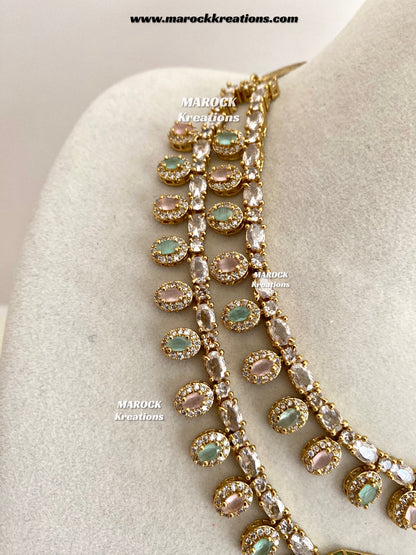 Eshika Antique Gold American Diamond double layer Necklace set