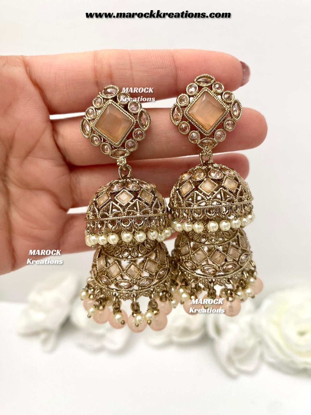 Rehana Antique Gold Polki double jhumki Statement Earrings