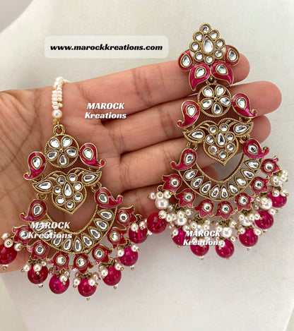 Premium Quality Kundan Meenakari Statement Earrings and tikka set