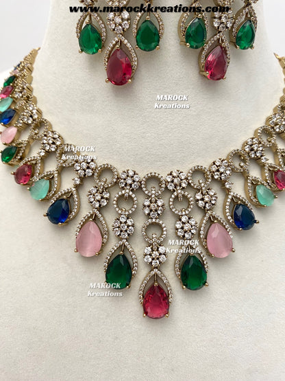 Anshika Antique Gold American Diamond Statement Necklace set