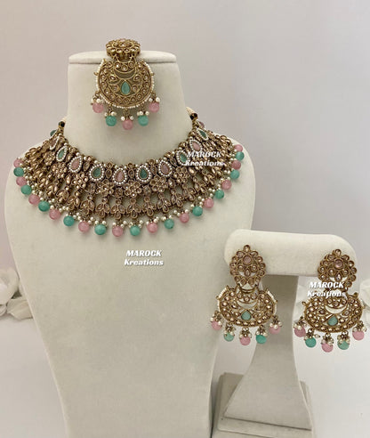 Antique Gold Pink/Mint Polki Choker set