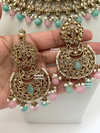 Antique Gold Pink/Mint Polki Choker set